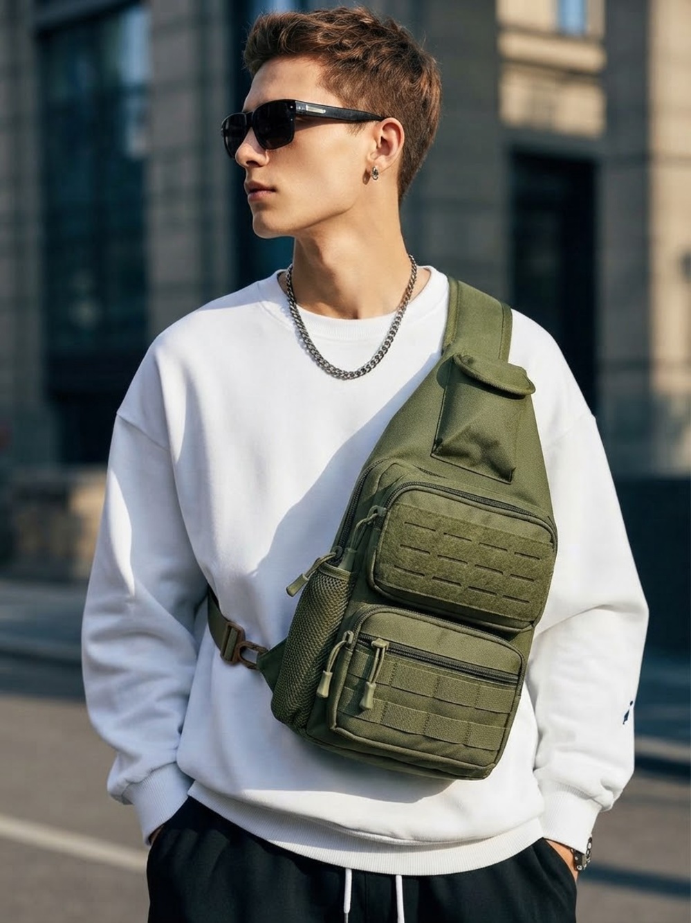 Men's Olive Green Tactical Sling Bag with Multiple Pockets